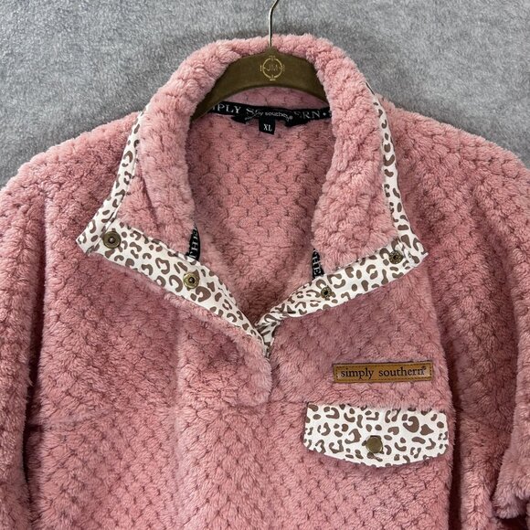 Simply Southern Pink Fleece Pullover Leopard Trim XL Womens Super Soft & Cozy - Picture 3 of 10